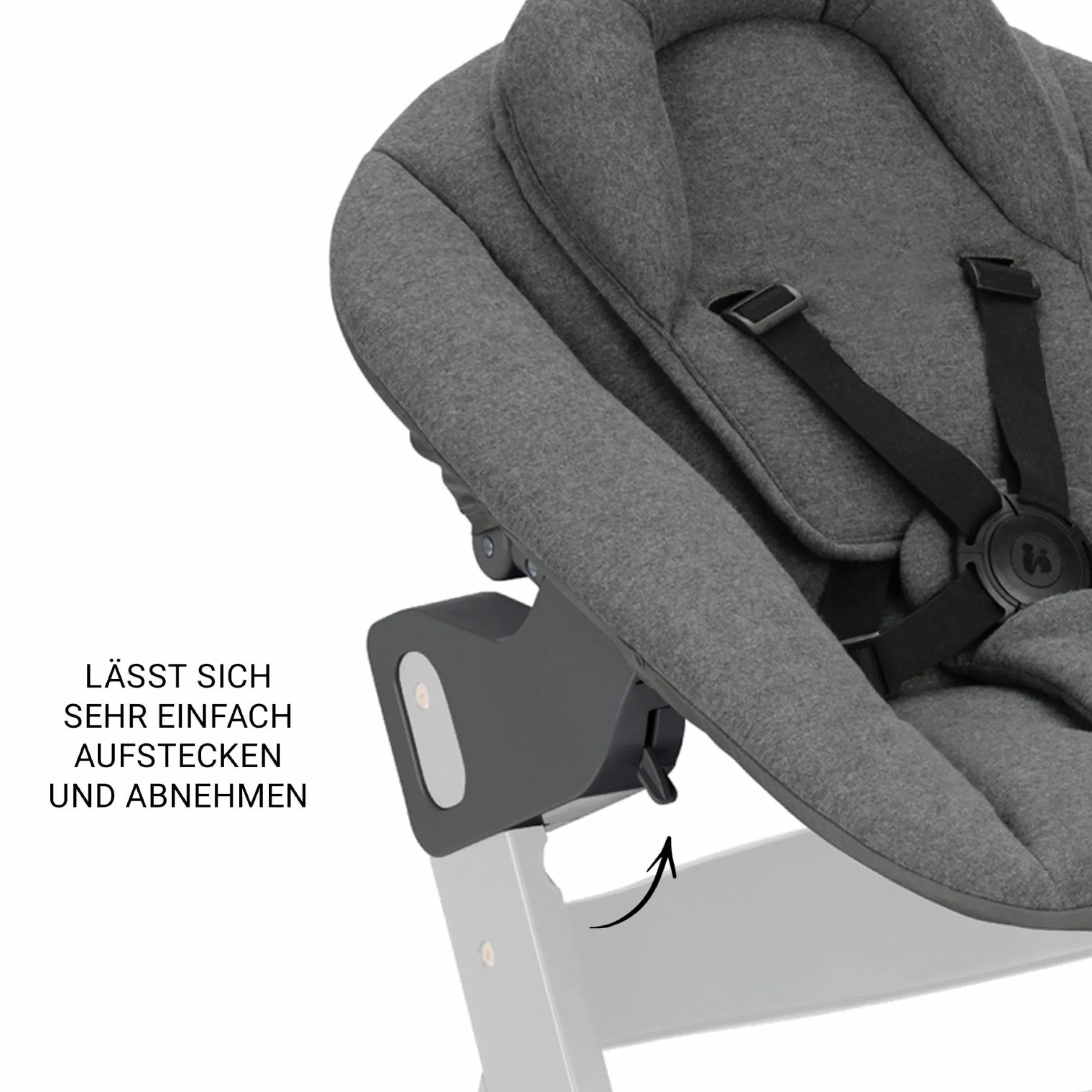 Beta Plus White 5-tlg. Newborn Set - Hochstuhl + 2in1 Neugeborenen-Aufsatz & Wippe Premium, Essbrett, Sitzkissen - Dark Grey