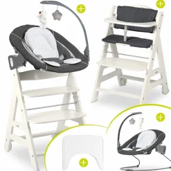 Beta Plus White 5-tlg. Newborn Set - Hochstuhl + 2in1 Neugeborenen-Aufsatz & Wippe Deluxe, Essbrett, Sitzkissen - Melange Grey