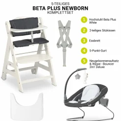 Beta Plus White 5-tlg. Newborn Set - Hochstuhl + 2in1 Neugeborenen-Aufsatz & Wippe Deluxe, Essbrett, Sitzkissen - Melange Grey