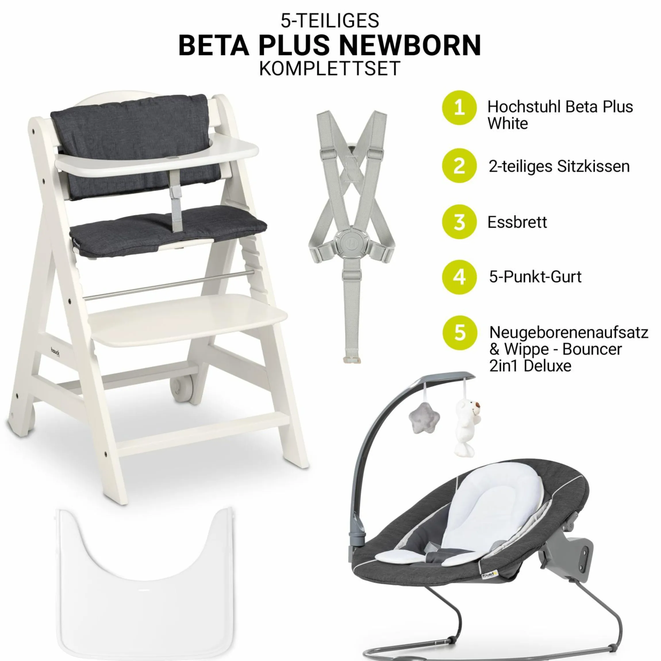 Beta Plus White 5-tlg. Newborn Set - Hochstuhl + 2in1 Neugeborenen-Aufsatz & Wippe Deluxe, Essbrett, Sitzkissen - Melange Grey