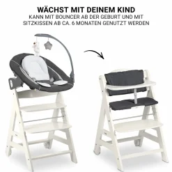 Beta Plus White 5-tlg. Newborn Set - Hochstuhl + 2in1 Neugeborenen-Aufsatz & Wippe Deluxe, Essbrett, Sitzkissen - Melange Grey