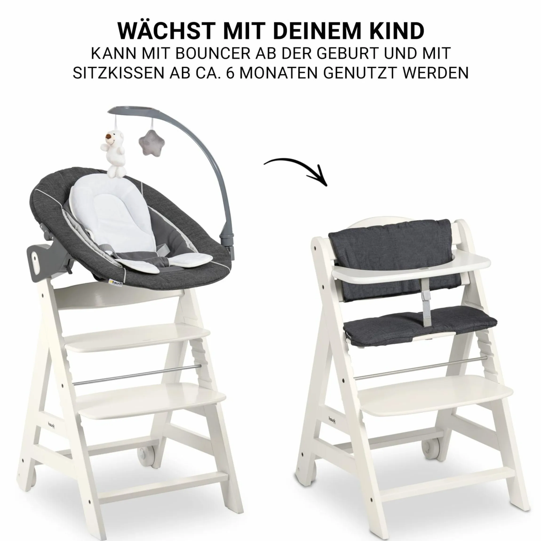 Beta Plus White 5-tlg. Newborn Set - Hochstuhl + 2in1 Neugeborenen-Aufsatz & Wippe Deluxe, Essbrett, Sitzkissen - Melange Grey