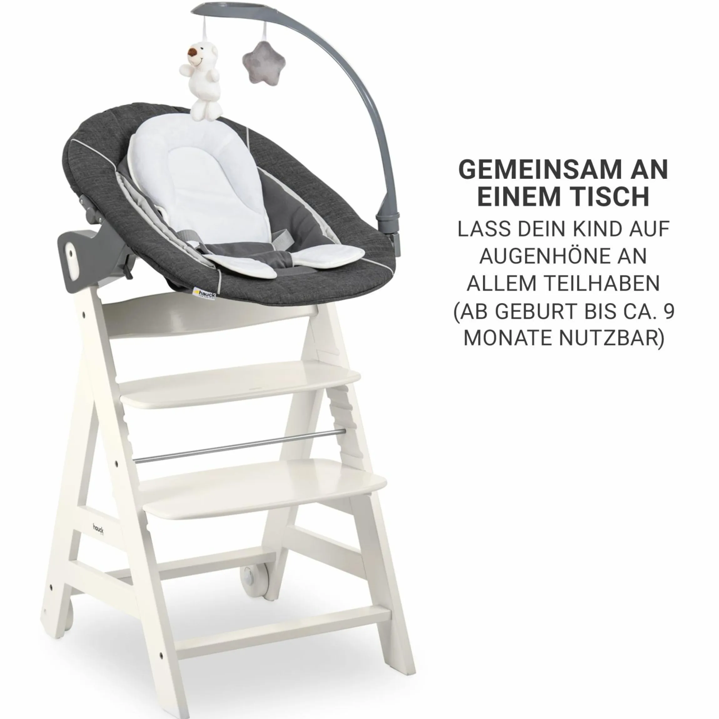 Beta Plus White 5-tlg. Newborn Set - Hochstuhl + 2in1 Neugeborenen-Aufsatz & Wippe Deluxe, Essbrett, Sitzkissen - Melange Grey