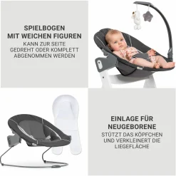 Beta Plus White 5-tlg. Newborn Set - Hochstuhl + 2in1 Neugeborenen-Aufsatz & Wippe Deluxe, Essbrett, Sitzkissen - Melange Grey