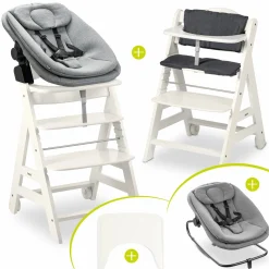 Beta Plus White 5-tlg. Newbornset - Hochstuhl + 2in1 Babyaufsatz & Wippe, Essbrett, Sitzkissen - Dark Grey Melange