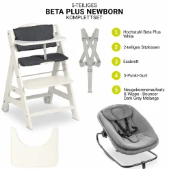 Beta Plus White 5-tlg. Newbornset - Hochstuhl + 2in1 Babyaufsatz & Wippe, Essbrett, Sitzkissen - Dark Grey Melange
