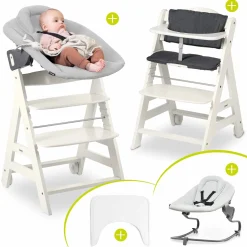 Beta Plus White 5-tlg. Newborn Set - Hochstuhl + 2in1 Neugeborenen-Aufsatz & Wippe Premium + Essbrett + Sitzkissen - Light Grey