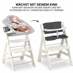 Beta Plus White 5-tlg. Newborn Set - Hochstuhl + 2in1 Neugeborenen-Aufsatz & Wippe Premium + Essbrett + Sitzkissen - Light Grey