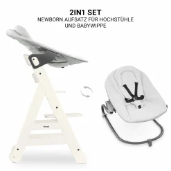 Beta Plus White 5-tlg. Newborn Set - Hochstuhl + 2in1 Neugeborenen-Aufsatz & Wippe Premium + Essbrett + Sitzkissen - Light Grey