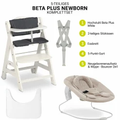 Beta Plus White 5-tlg. Newborn Set - Hochstuhl + 2in1 Neugeborenen-Aufsatz & Wippe + Essbrett + Sitzkissen - Disney - Winnie the Pooh Beige