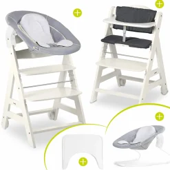 Beta Plus White 5-tlg. Newborn Set - Hochstuhl + 2in1 Neugeborenen-Aufsatz & Wippe, Essbrett, Sitzkissen - Stretch Grey