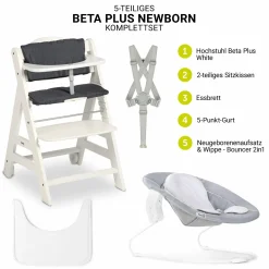 Beta Plus White 5-tlg. Newborn Set - Hochstuhl + 2in1 Neugeborenen-Aufsatz & Wippe, Essbrett, Sitzkissen - Stretch Grey