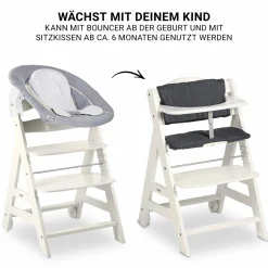 Beta Plus White 5-tlg. Newborn Set - Hochstuhl + 2in1 Neugeborenen-Aufsatz & Wippe, Essbrett, Sitzkissen - Stretch Grey