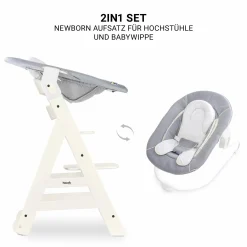 Beta Plus White 5-tlg. Newborn Set - Hochstuhl + 2in1 Neugeborenen-Aufsatz & Wippe, Essbrett, Sitzkissen - Stretch Grey