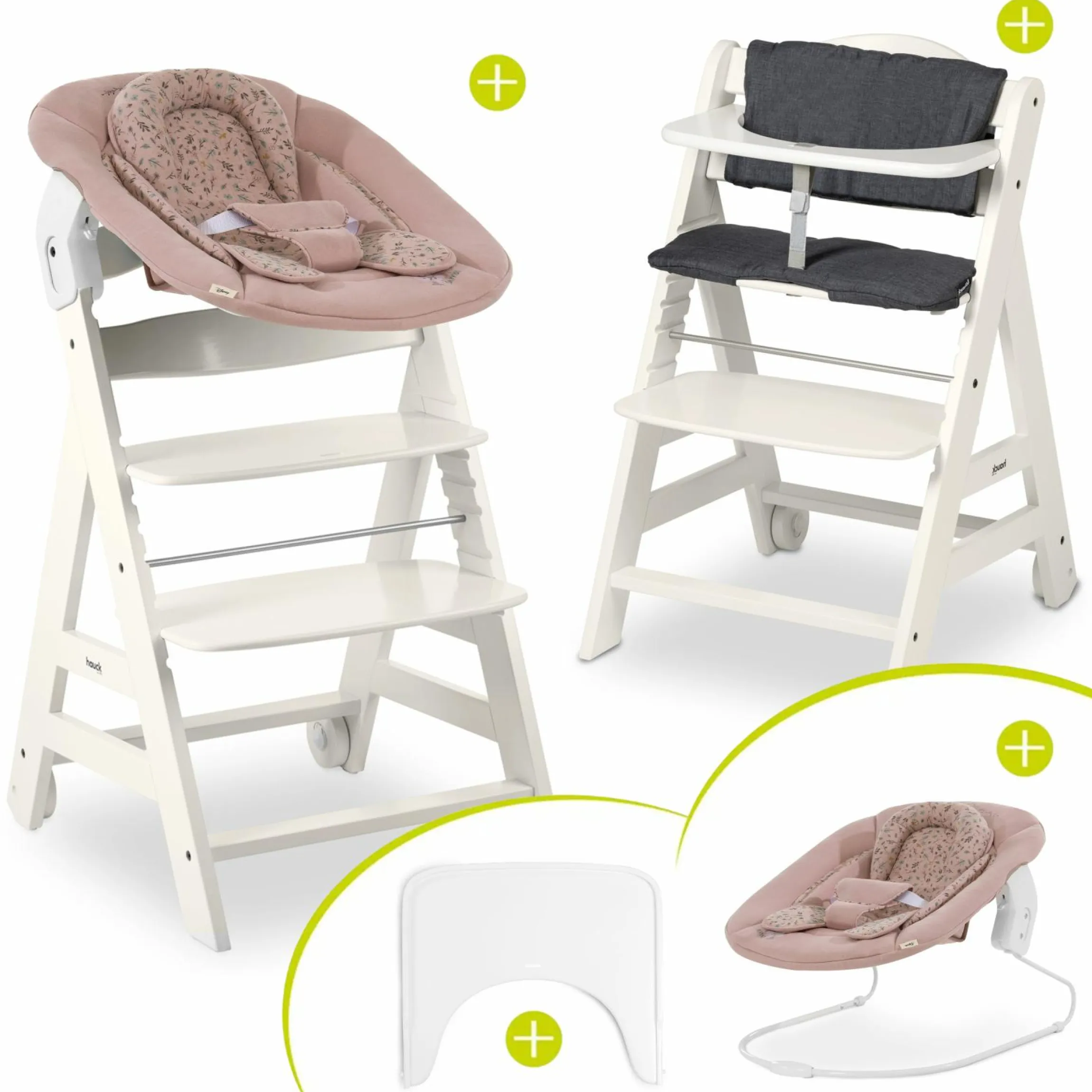 Beta Plus White 5-tlg. Newborn Set - Hochstuhl + 2in1 Neugeborenen-Aufsatz & Wippe + Essbrett + Sitzkissen - Disney - Bambi Rose