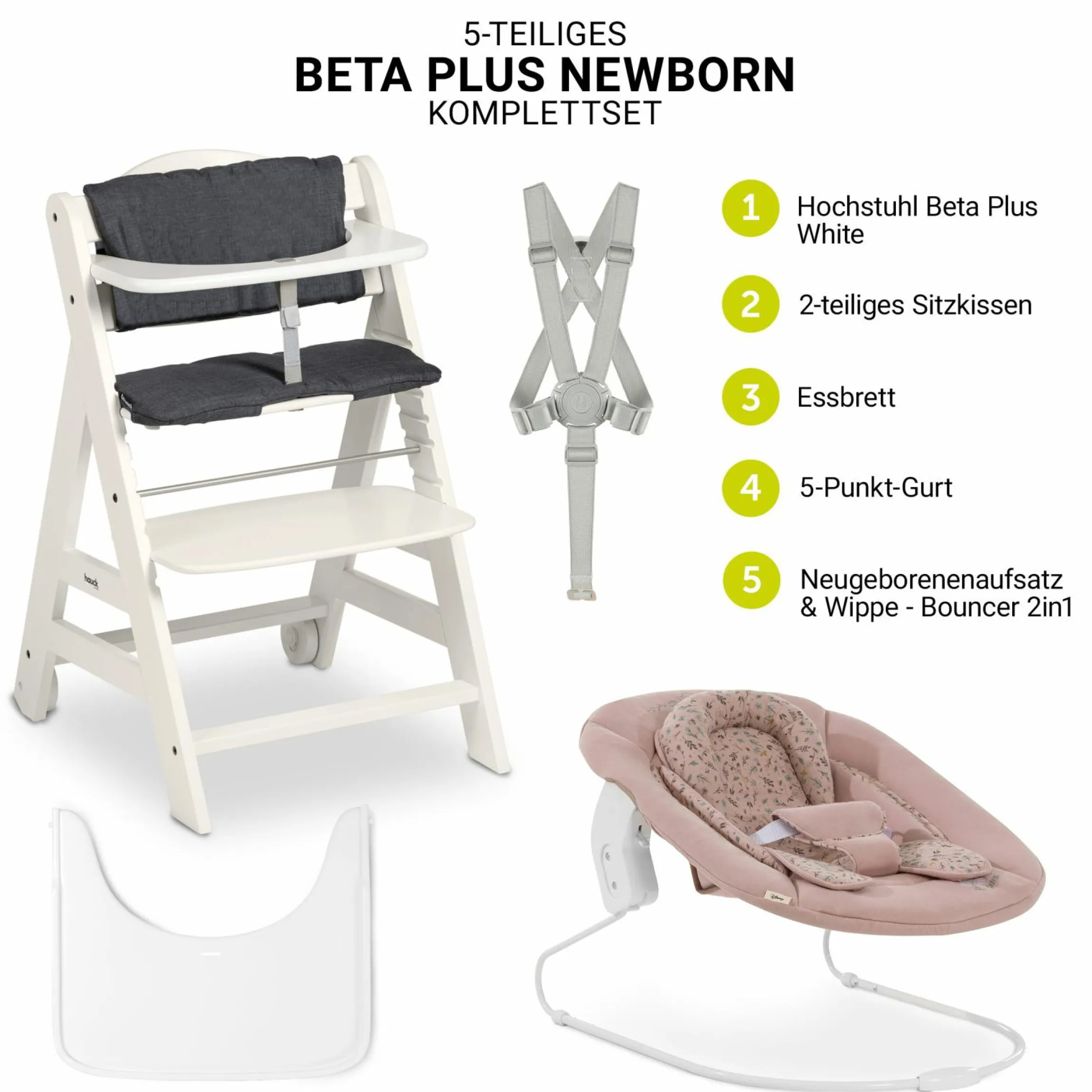 Beta Plus White 5-tlg. Newborn Set - Hochstuhl + 2in1 Neugeborenen-Aufsatz & Wippe + Essbrett + Sitzkissen - Disney - Bambi Rose