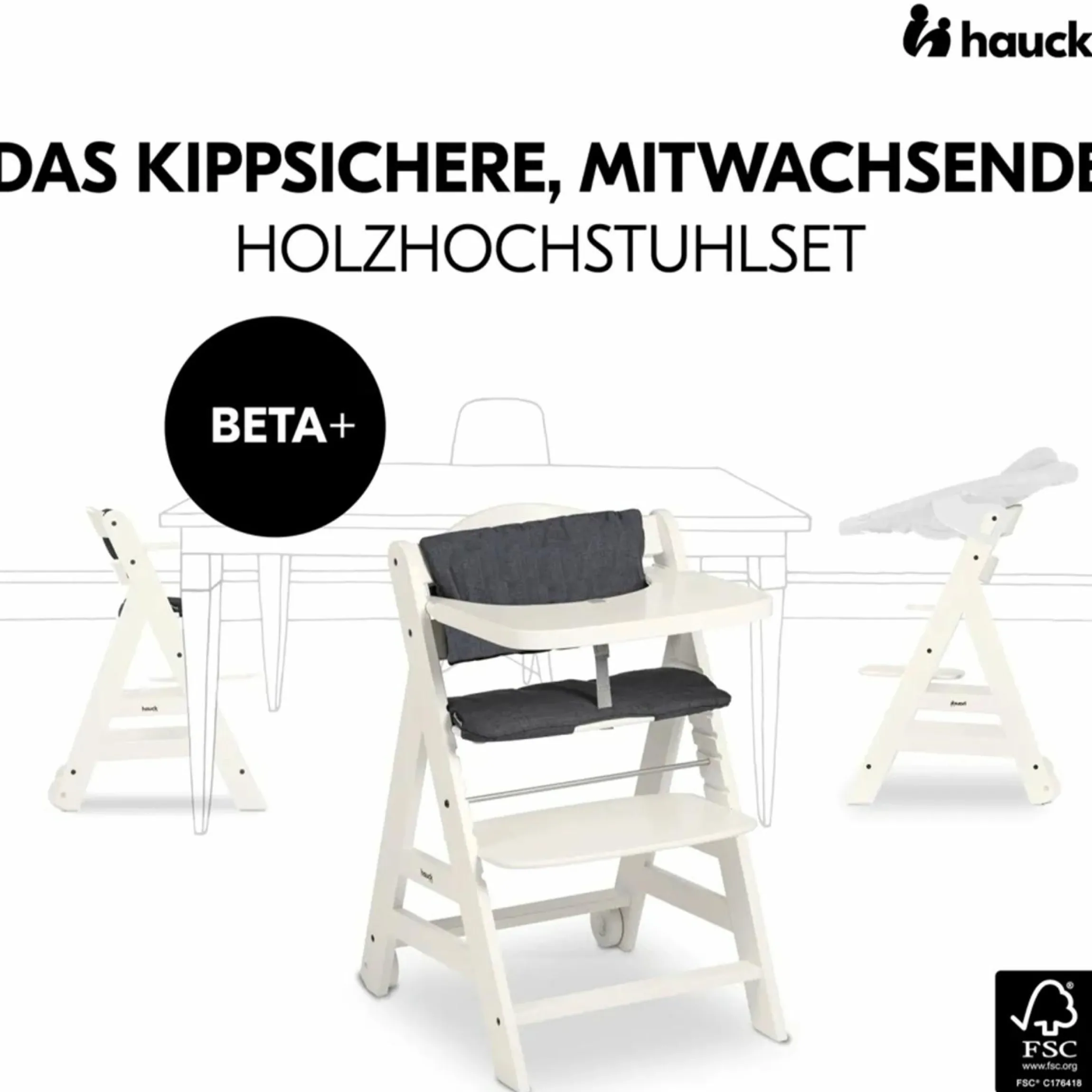 Beta Plus White 5-tlg. Newborn Set - Hochstuhl + 2in1 Neugeborenen-Aufsatz & Wippe + Essbrett + Sitzkissen - Disney - Bambi Rose