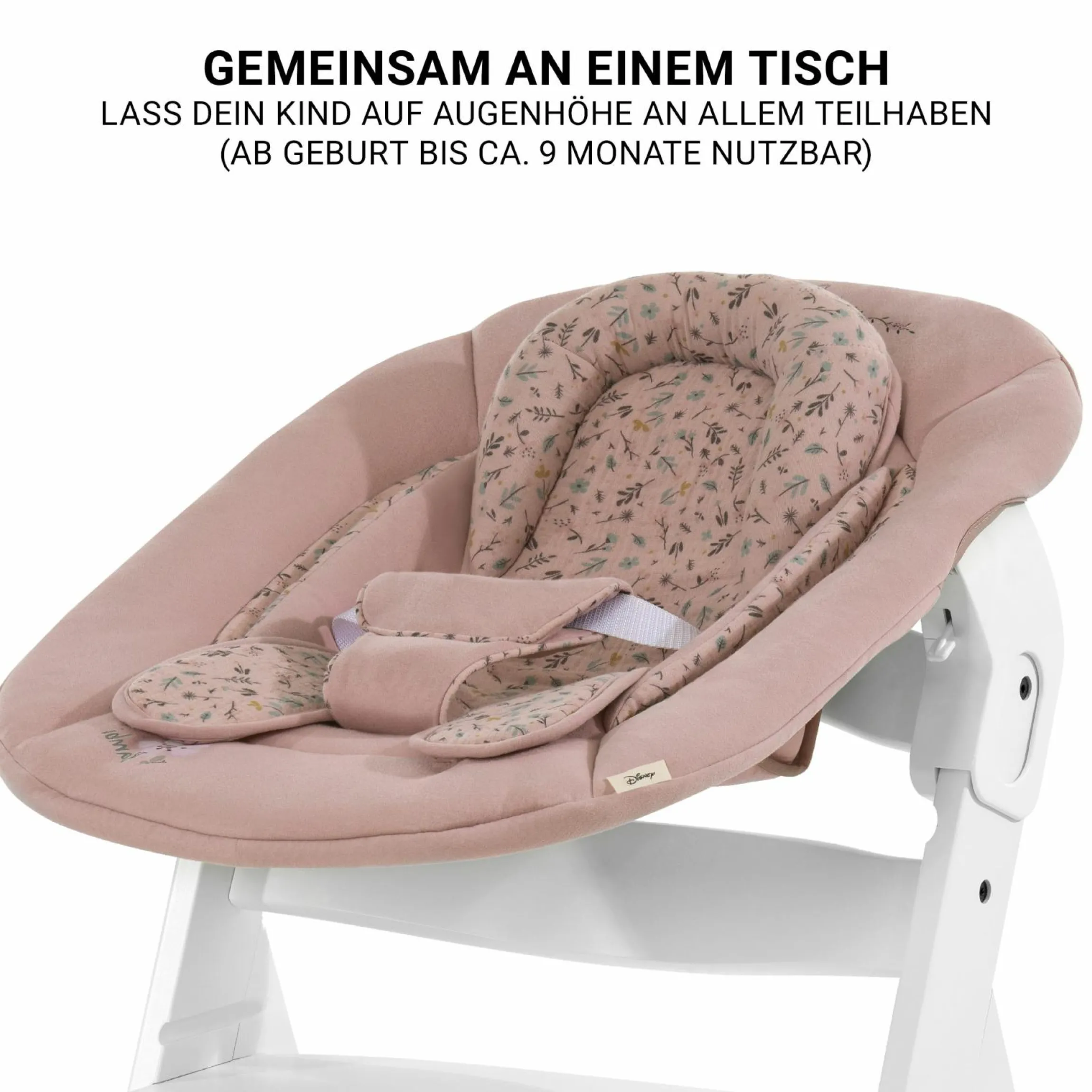 Beta Plus White 5-tlg. Newborn Set - Hochstuhl + 2in1 Neugeborenen-Aufsatz & Wippe + Essbrett + Sitzkissen - Disney - Bambi Rose