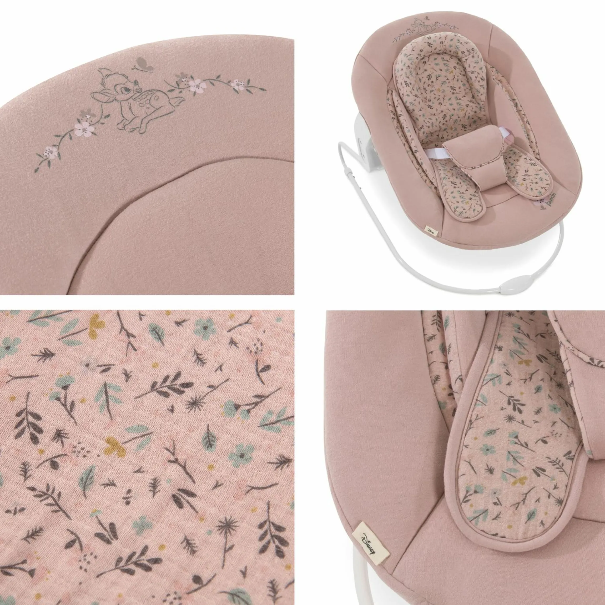 Beta Plus White 5-tlg. Newborn Set - Hochstuhl + 2in1 Neugeborenen-Aufsatz & Wippe + Essbrett + Sitzkissen - Disney - Bambi Rose