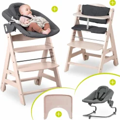 Beta Plus Whitewashed 5-tlg. Newborn Set - Hochstuhl + 2in1 Neugeborenen-Aufsatz & Wippe Premium, Essbrett, Sitzkissen - Dark Grey