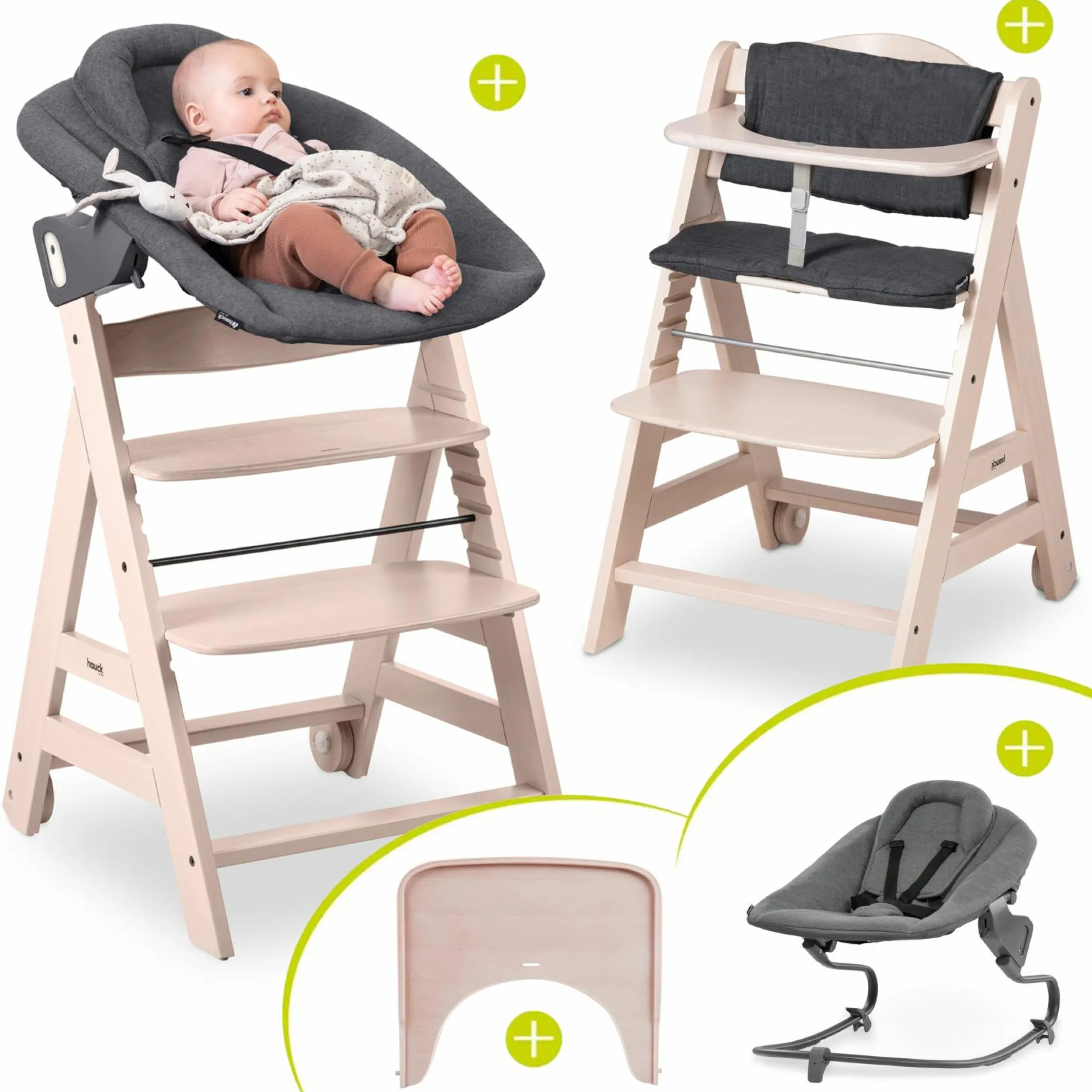 Beta Plus Whitewashed 5-tlg. Newborn Set - Hochstuhl + 2in1 Neugeborenen-Aufsatz & Wippe Premium, Essbrett, Sitzkissen - Dark Grey