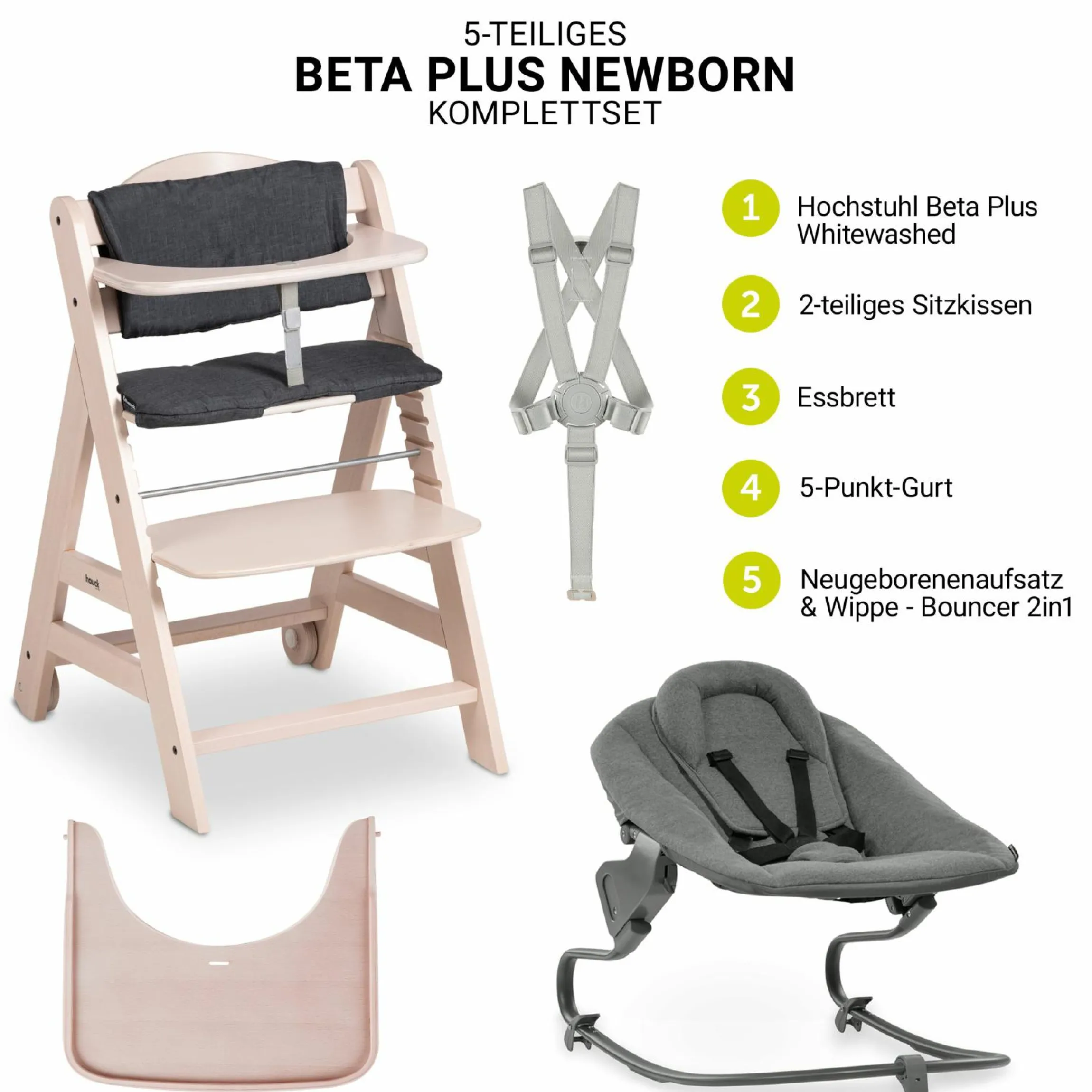 Beta Plus Whitewashed 5-tlg. Newborn Set - Hochstuhl + 2in1 Neugeborenen-Aufsatz & Wippe Premium, Essbrett, Sitzkissen - Dark Grey