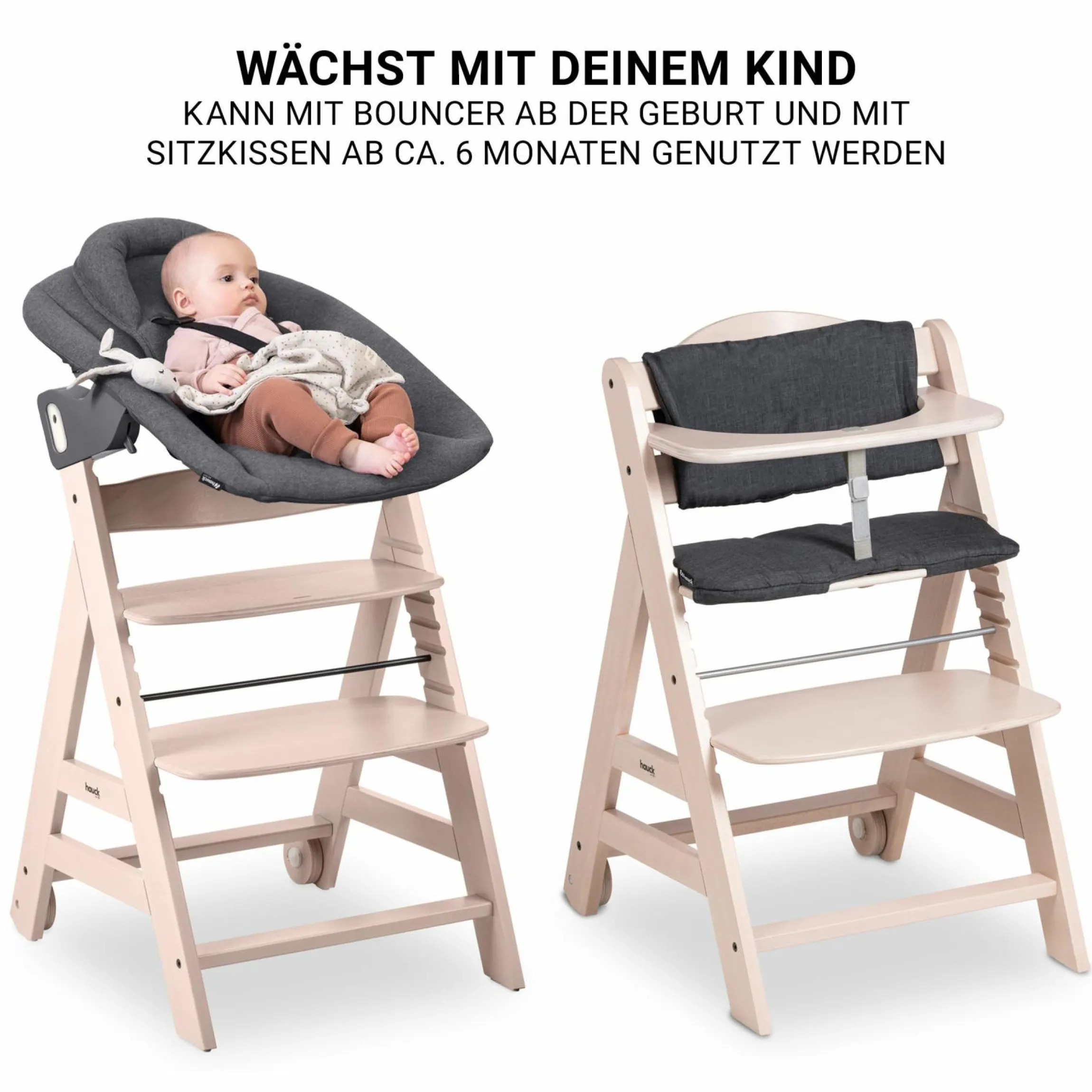 Beta Plus Whitewashed 5-tlg. Newborn Set - Hochstuhl + 2in1 Neugeborenen-Aufsatz & Wippe Premium, Essbrett, Sitzkissen - Dark Grey