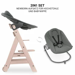 Beta Plus Whitewashed 5-tlg. Newborn Set - Hochstuhl + 2in1 Neugeborenen-Aufsatz & Wippe Premium, Essbrett, Sitzkissen - Dark Grey