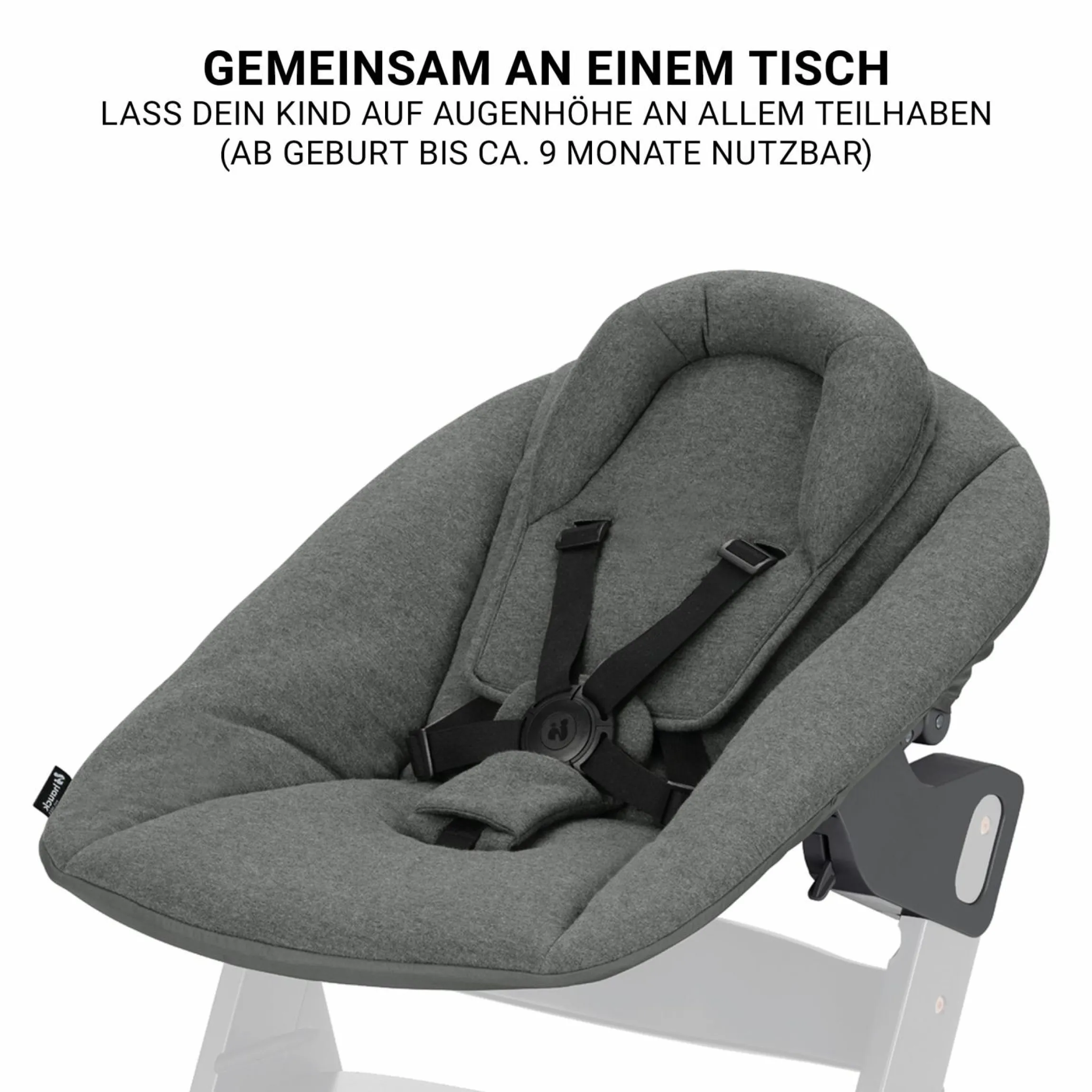 Beta Plus Whitewashed 5-tlg. Newborn Set - Hochstuhl + 2in1 Neugeborenen-Aufsatz & Wippe Premium, Essbrett, Sitzkissen - Dark Grey