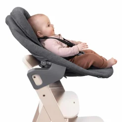 Beta Plus Whitewashed 5-tlg. Newborn Set - Hochstuhl + 2in1 Neugeborenen-Aufsatz & Wippe Premium, Essbrett, Sitzkissen - Dark Grey