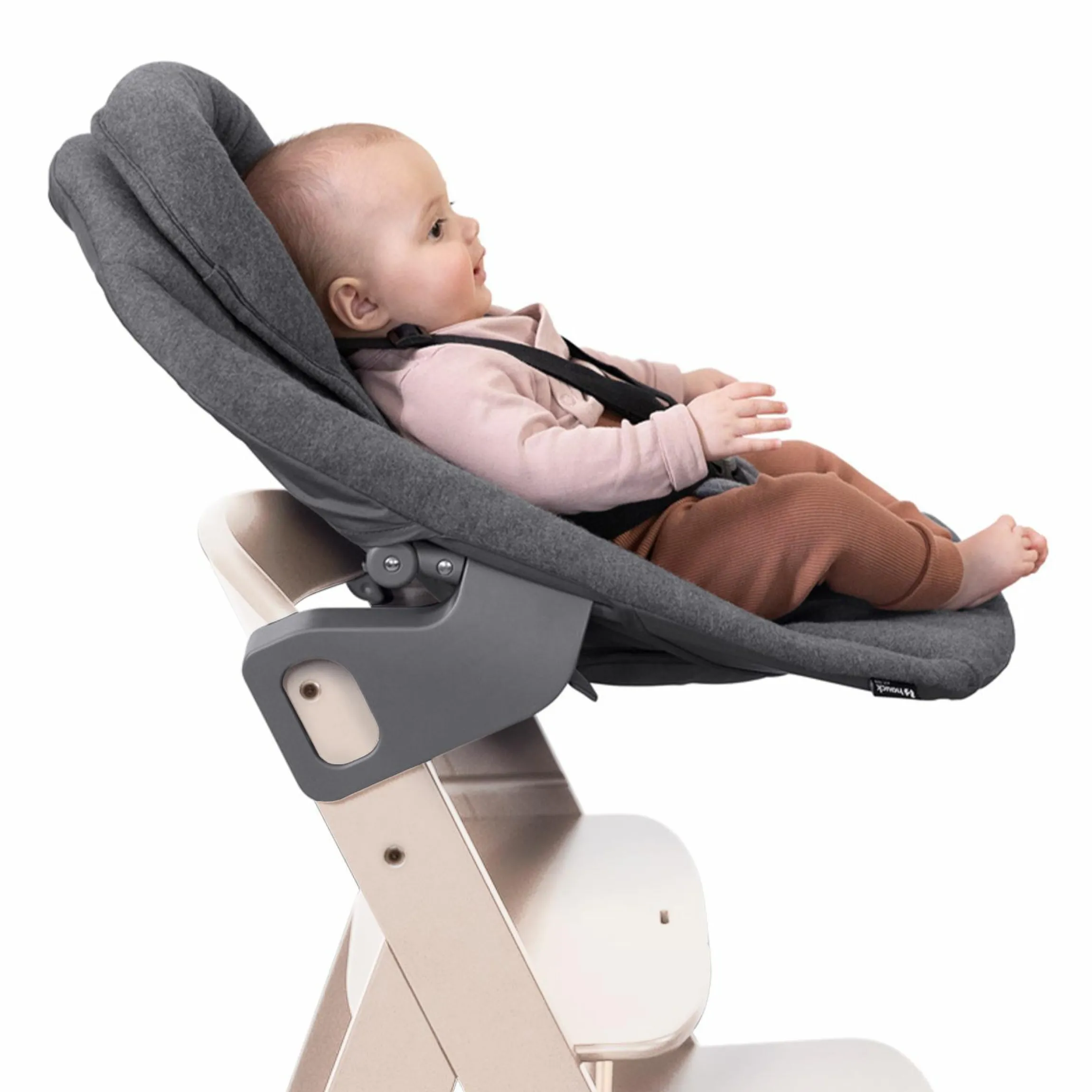 Beta Plus Whitewashed 5-tlg. Newborn Set - Hochstuhl + 2in1 Neugeborenen-Aufsatz & Wippe Premium, Essbrett, Sitzkissen - Dark Grey
