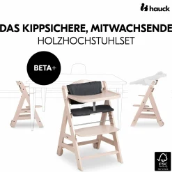 Beta Plus Whitewashed 5-tlg. Newborn Set - Hochstuhl + 2in1 Neugeborenen-Aufsatz & Wippe, Essbrett, Sitzkissen - Stretch Beige