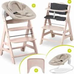 Beta Plus Whitewashed 5-tlg. Newborn Set - Hochstuhl + 2in1 Neugeborenen-Aufsatz & Wippe + Essbrett + Sitzkissen - Disney Winnie the Pooh - Beige