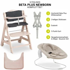 Beta Plus Whitewashed 5-tlg. Newborn Set - Hochstuhl + 2in1 Neugeborenen-Aufsatz & Wippe + Essbrett + Sitzkissen - Disney Winnie the Pooh - Beige
