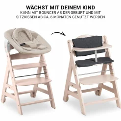 Beta Plus Whitewashed 5-tlg. Newborn Set - Hochstuhl + 2in1 Neugeborenen-Aufsatz & Wippe + Essbrett + Sitzkissen - Disney Winnie the Pooh - Beige