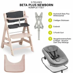Beta Plus Whitewashed 5-tlg. Newbornset - Hochstuhl + 2in1 Babyaufsatz & Wippe, Essbrett, Sitzkissen - Dark Grey Melange