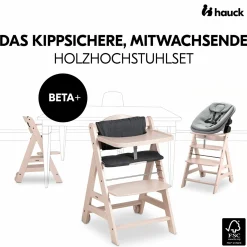 Beta Plus Whitewashed 5-tlg. Newbornset - Hochstuhl + 2in1 Babyaufsatz & Wippe, Essbrett, Sitzkissen - Dark Grey Melange