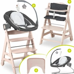 Beta Plus Whitewashed 5-tlg. Newborn Set - Hochstuhl + 2in1 Neugeborenen-Aufsatz & Wippe Deluxe, Essbrett, Sitzkissen - Melange Grey