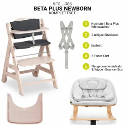 Beta Plus Whitewashed 5-tlg. Newbornset - Hochstuhl + 2in1 Babyaufsatz & Wippe Eco, Essbrett, Sitzkissen - Light Grey
