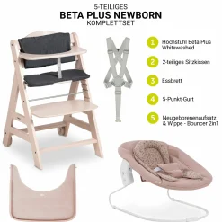 Beta Plus Whitewashed 5-tlg. Newborn Set - Hochstuhl + 2in1 Neugeborenen-Aufsatz & Wippe + Essbrett + Sitzkissen - Disney - Bambi Rose