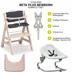 Beta Plus Whitewashed 5-tlg. Newborn Set - Hochstuhl + 2in1 Neugeborenen-Aufsatz & Wippe Premium + Essbrett + Sitzkissen - Light Grey