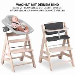 Beta Plus Whitewashed 5-tlg. Newborn Set - Hochstuhl + 2in1 Neugeborenen-Aufsatz & Wippe Premium + Essbrett + Sitzkissen - Light Grey