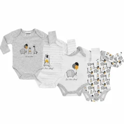 Body Langarm 4er Pack - Let's have a Party Offwhite Grau Melange - Gr. 62/68