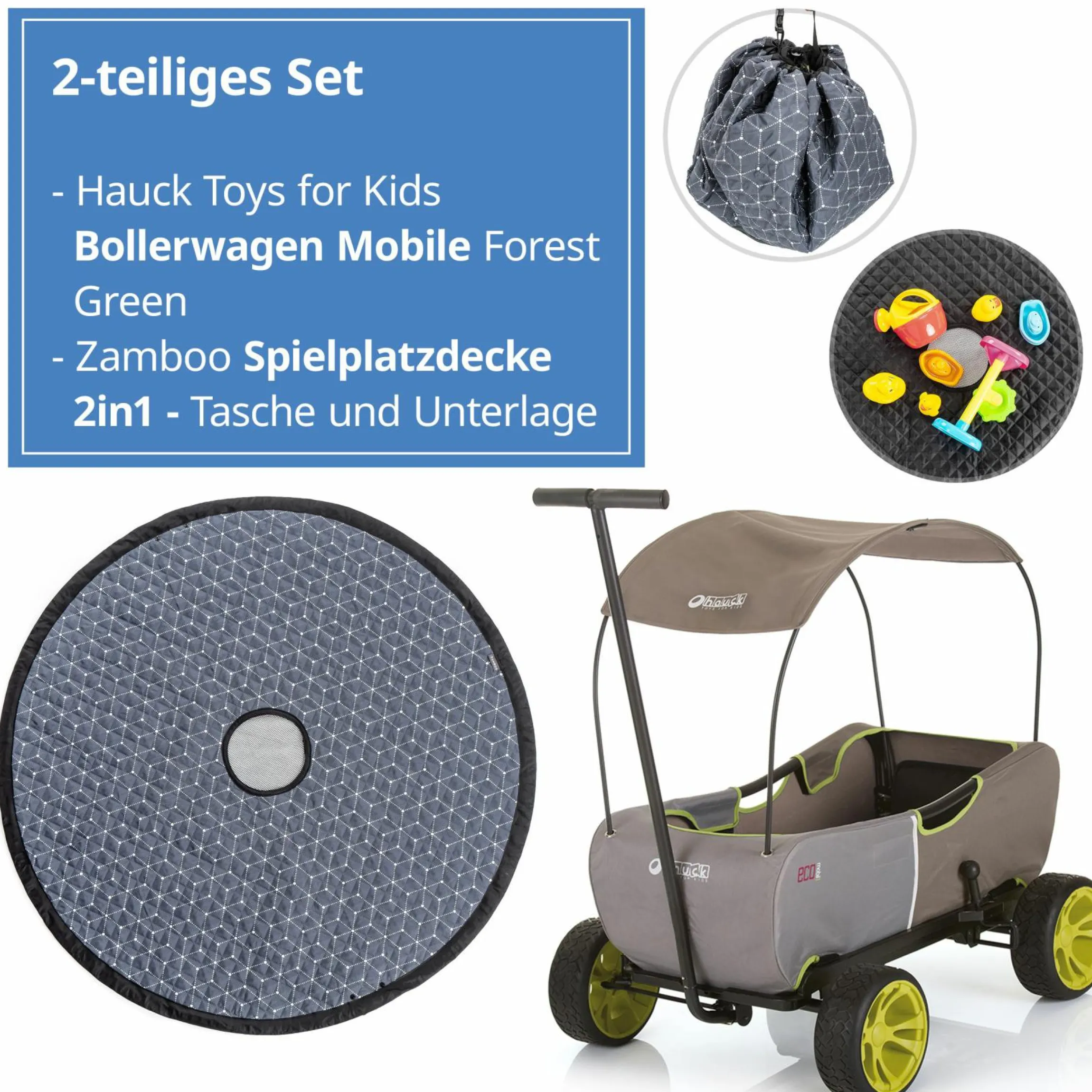 Bollerwagen Eco Mobil - faltbar mit Dach, Transportwagen & Handwagen für 2 Kinder inkl. Spielplatzdecke 2in1 - Forest Green