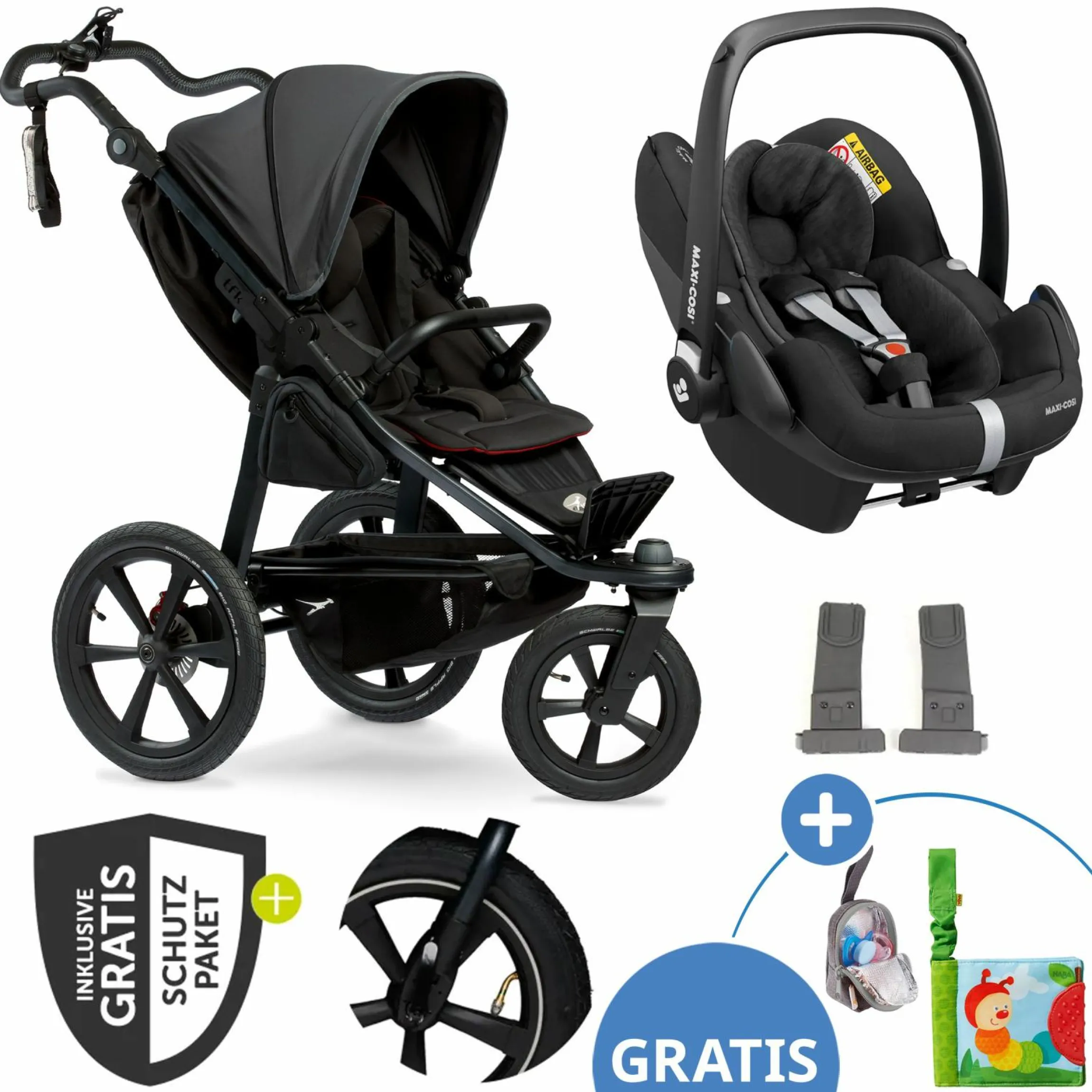 Buggy & Sportkinderwagen Pro mit Luftreifen inkl. Sportsitz bis 34 kg inkl. Maxi-Cosi Pebble Pro, Handyhalter, Getränkeflasche, Schnullertasche, Buggybuch & XXL Zubehörpaket - Anthrazit - Kollektion 2024