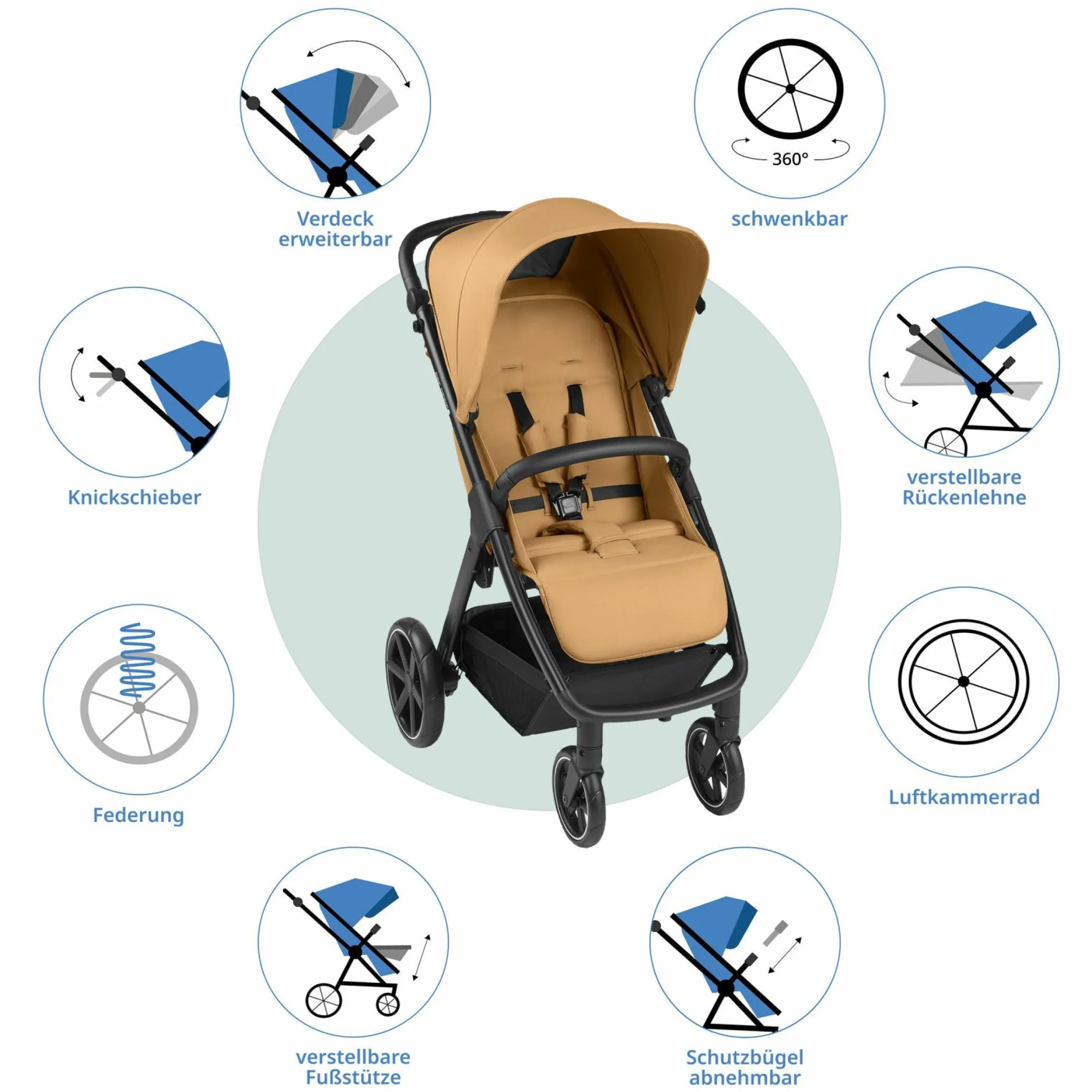 Buggy & Sportwagen Avus inkl. Reboarder Pearl Pro 2 - mit Einhand-Faltung und höhenverstellbarem Schieber (bis 25 kg belastbar) - Honey