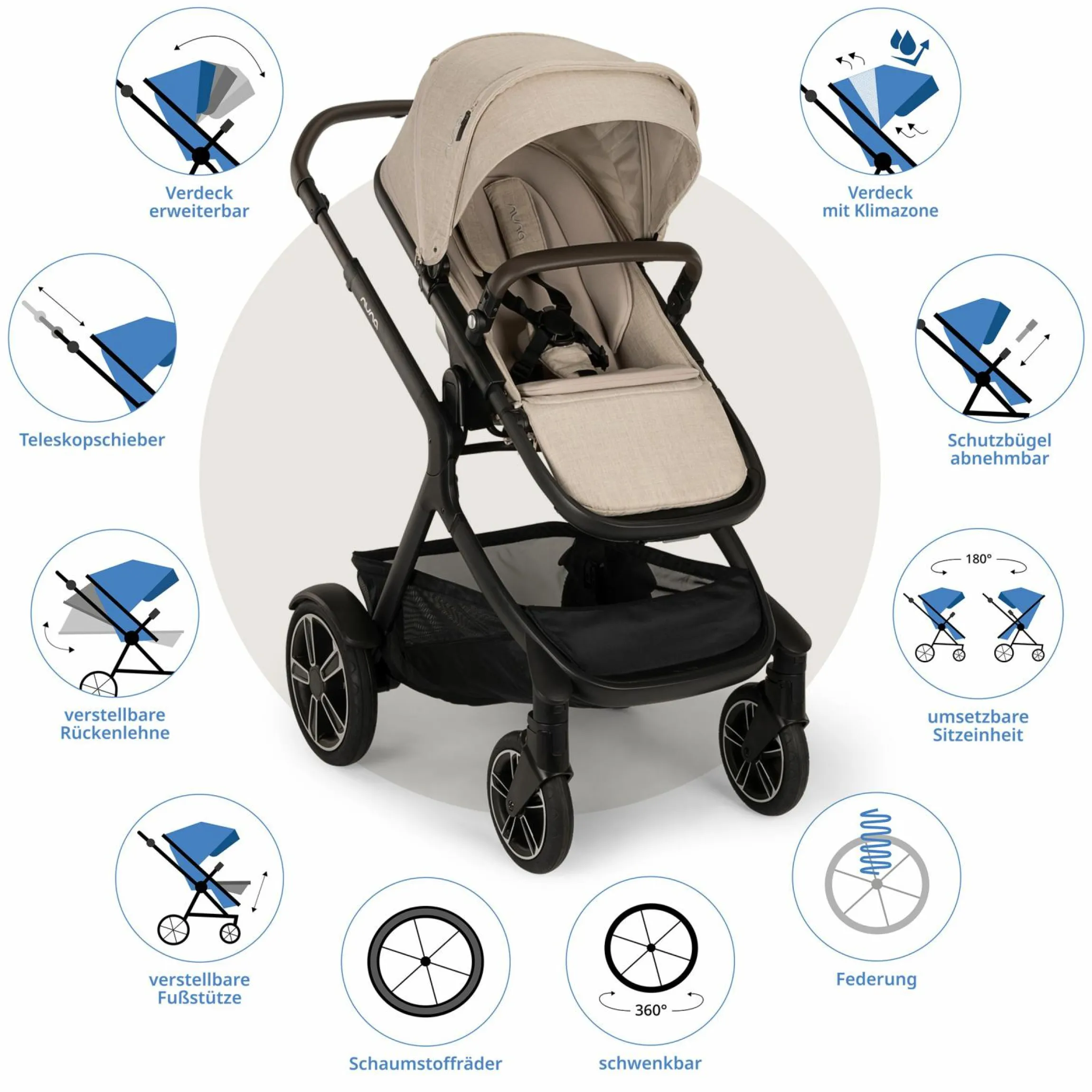 Buggy & Sportwagen DEMI next bis 22 kg mit magnetischem Gurtverschluss, umsetzbarem Allwettersitz, höhenverstellbarem Schieber, integrierter Sichtschutz inkl. Adapter & Regenschutz - Biscotti - Kollektion 2025