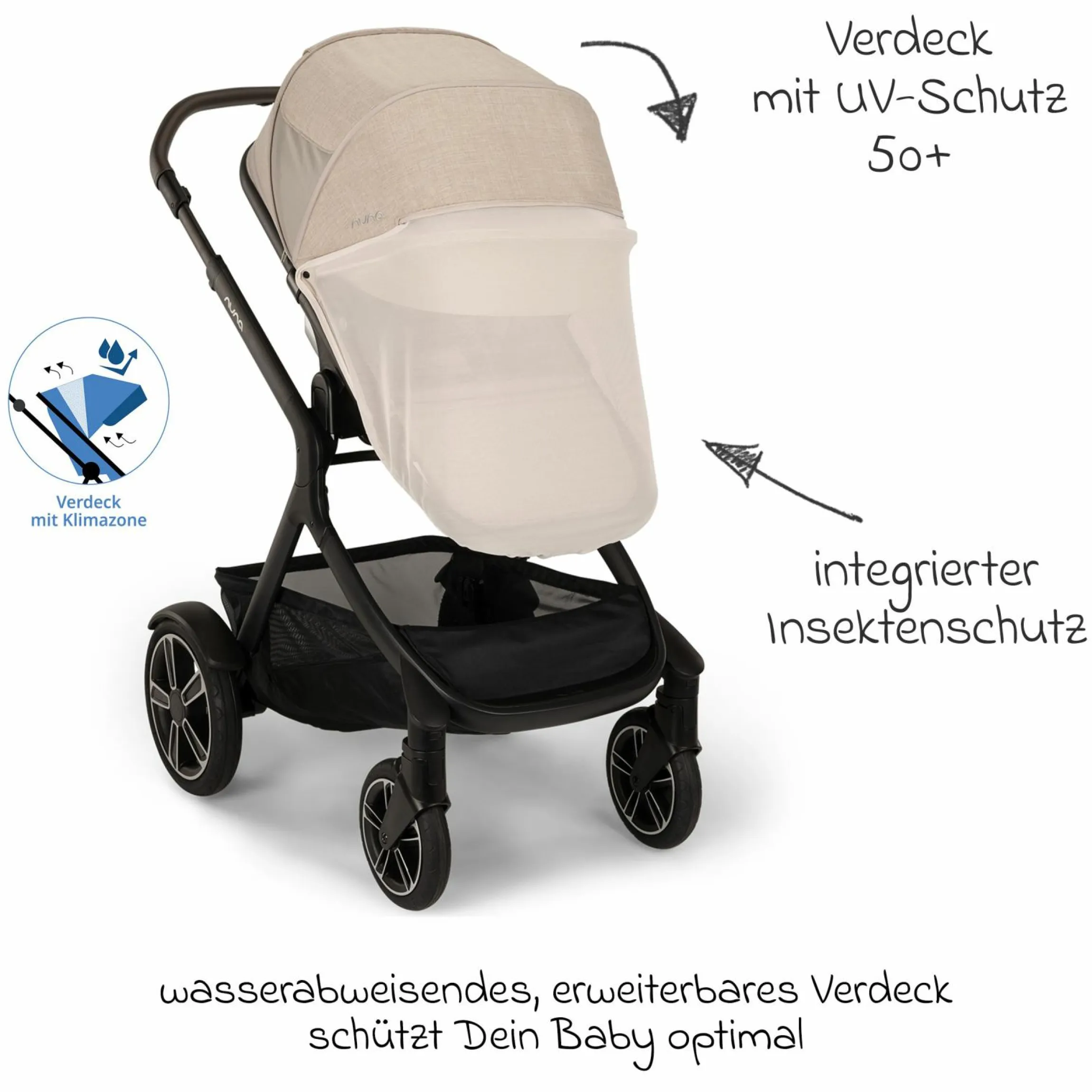 Buggy & Sportwagen DEMI next bis 22 kg mit magnetischem Gurtverschluss, umsetzbarem Allwettersitz, höhenverstellbarem Schieber, integrierter Sichtschutz inkl. Adapter & Regenschutz - Biscotti - Kollektion 2025