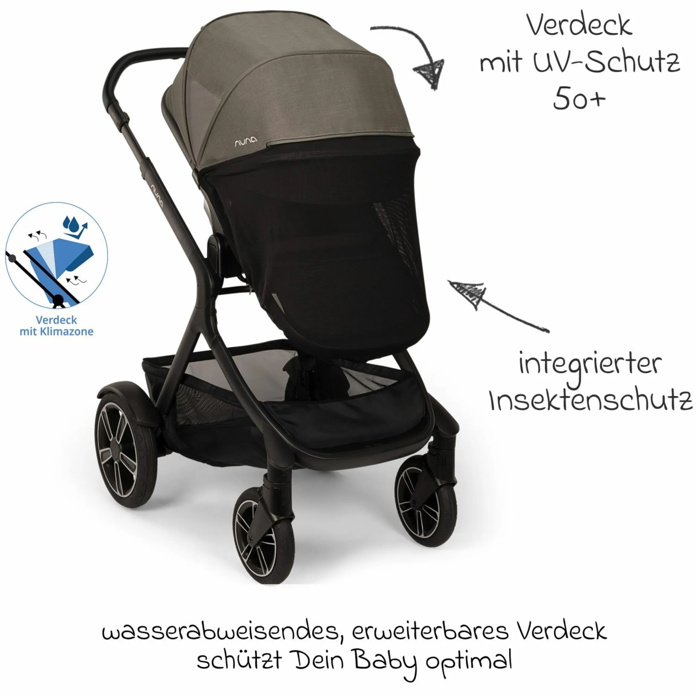 Buggy & Sportwagen DEMI next bis 22 kg mit magnetischem Gurtverschluss, umsetzbarem Allwettersitz, höhenverstellbarem Schieber, integrierter Sichtschutz inkl. Adapter & Regenschutz - Granite - Kollektion 2025