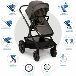 Buggy & Sportwagen DEMI next bis 22 kg mit magnetischem Gurtverschluss, umsetzbarem Allwettersitz, höhenverstellbarem Schieber, integrierter Sichtschutz inkl. Adapter & Regenschutz - Thunder - Kollektion 2025